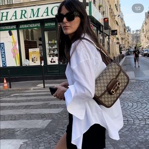 💯 auth Gucci horsebit 1955 leather-trimmed printed coated-canvas bag, brown